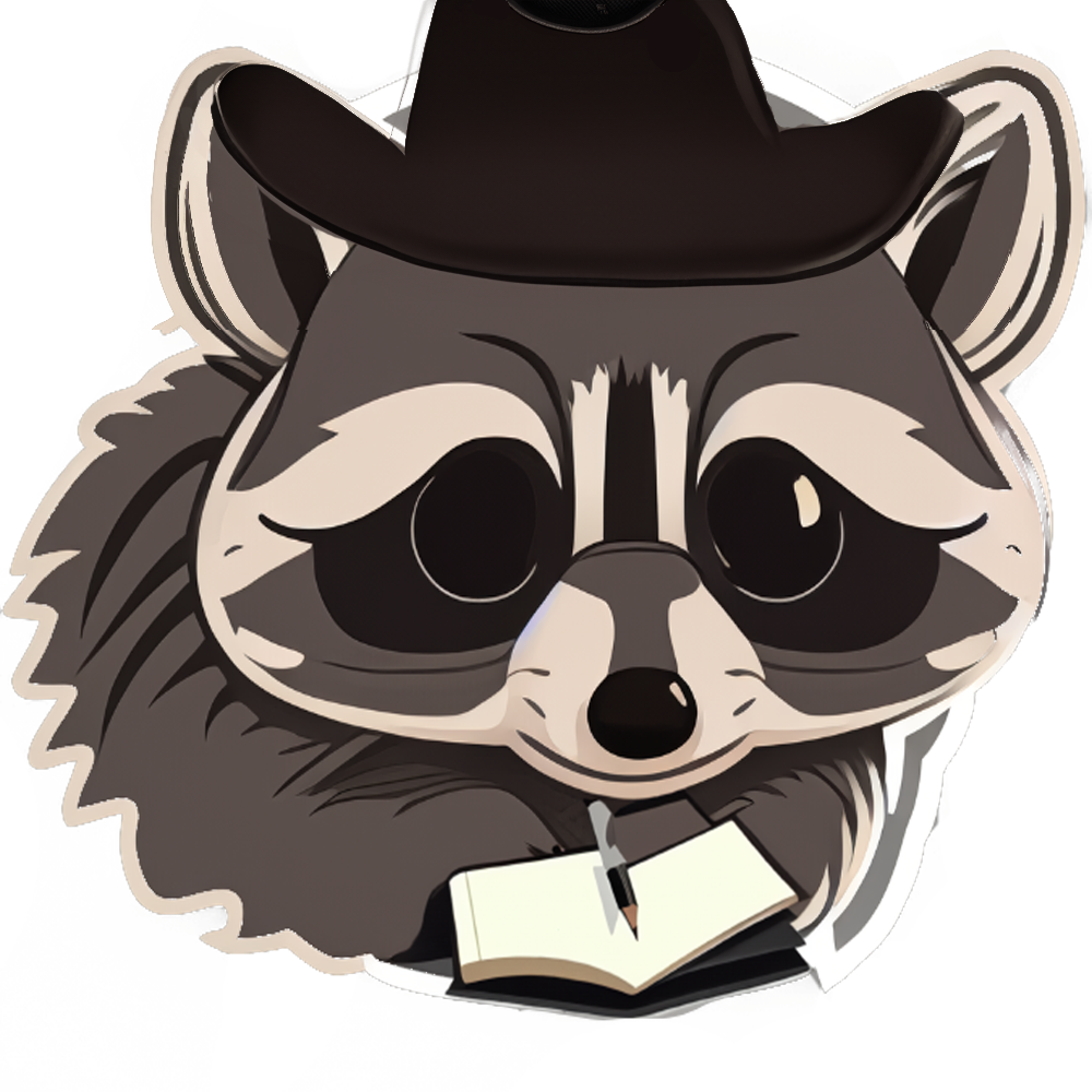 A cartoonish raccoon wearing a cowboy hat and holding a notebook and pen